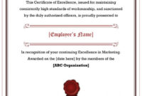 40 Amazing Certificate Of Excellence Templates – Printable with regard to Fresh Outstanding Performance Certificate Template
