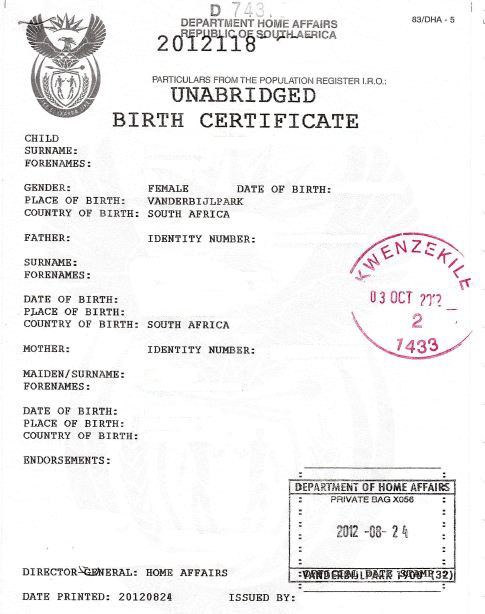 travel south africa birth certificate