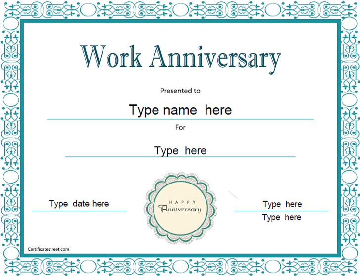 Work Anniversary Certificate Template Free