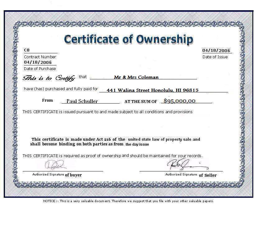 Certificate Of Ownership Template Best Templates Ideas