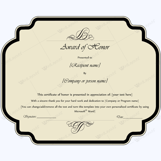 Award Of Honor (Editable Template) - Word Layouts | Award throughout Fresh Honor Award Certificate Template