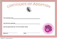 Cat Adoption Certificate 2020 Free Printable (Version 1) In pertaining to Fresh Cat Adoption Certificate Template 9 Designs