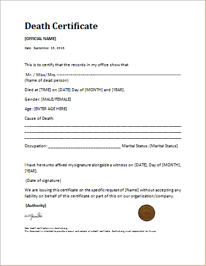 Death Certificate Template For Ms Word | Document Hub with Death Certificate Template