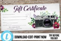 Editable Custom Printable Photography Gift Certificate within Printable Photography Gift Certificate Template