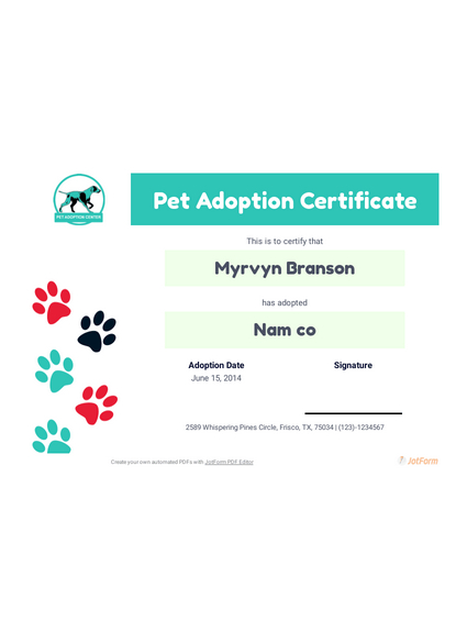 Free Pet Adoption Certificate Template - Pdf Templates | Jotform pertaining to Unique Pet Adoption Certificate Editable Templates