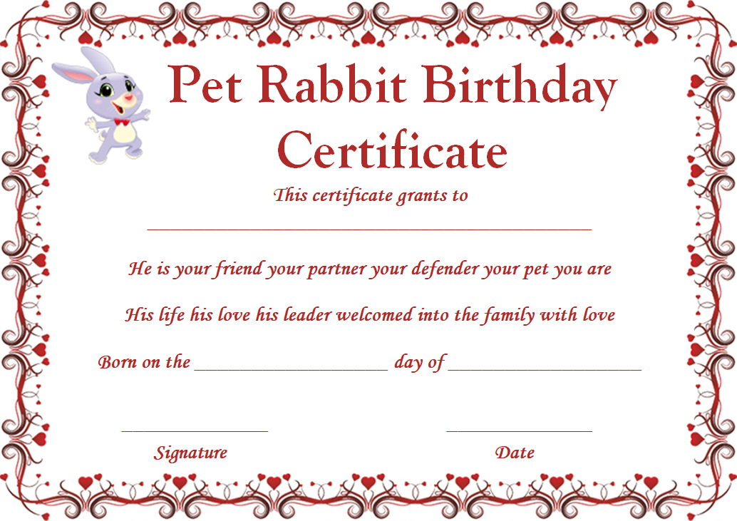 Rabbit Birth Certificate: 10 Certificates Free To Print And with regard to Best Rabbit Birth Certificate Template Free 2019 Designs