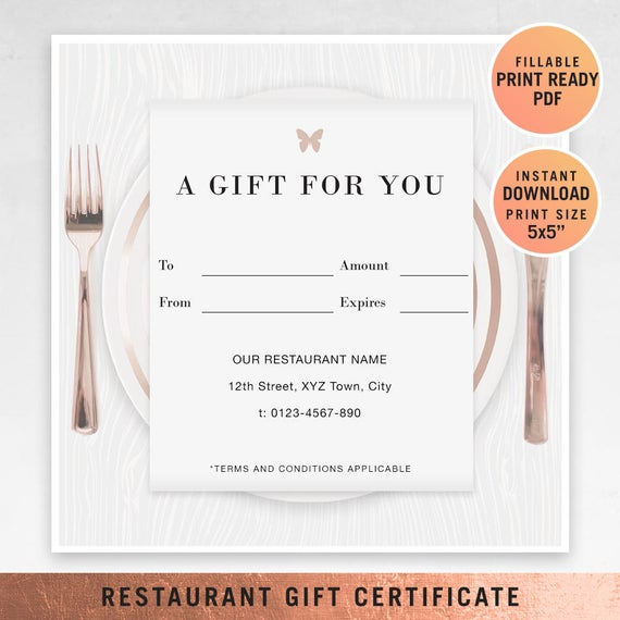 Restaurant Fillable Gift Certificate Template, A Gift For You, Gift  Voucher, Gift Certificate Printable, Pdf, Dining Voucher Template for Best Restaurant Gift Certificates Printable